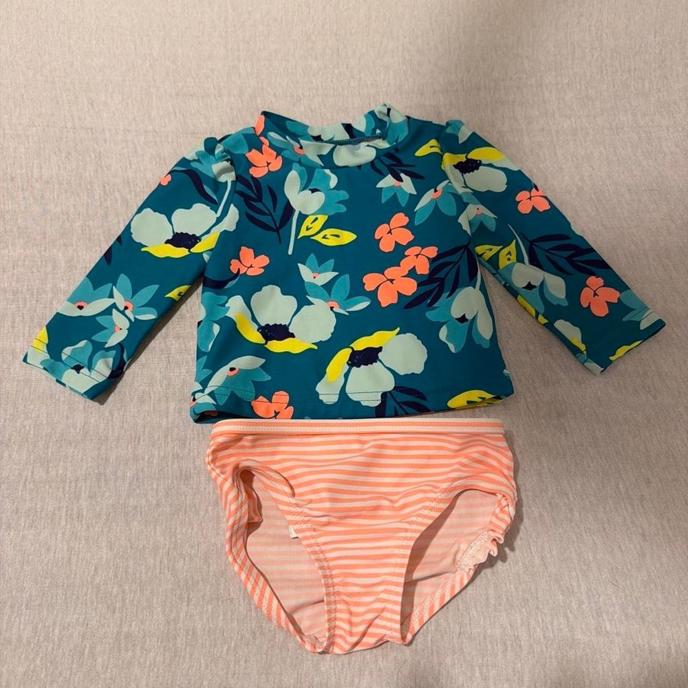 Blue and white ruffle long sleeve baby summer swimsuit 3-6 months‎